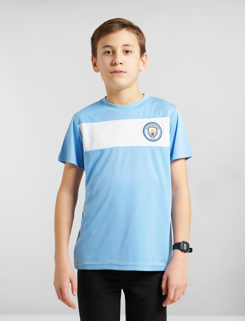 Official Manchester City Kids Stripe T-Shirt - Sky Blue - The World Football Store